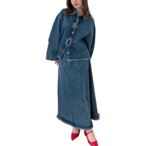 imageCHARTOU Womens Distressed Denim Skirt Set 2 Piece Outfits Fall Long Sleeve Denim Shirt Jean Maxi Long SkirtDark Blue