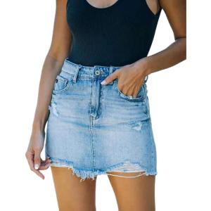 imageCHARTOU Womens Distressed High Waist Frayed Slim Fit ALine Mini Denim SkirtBlue