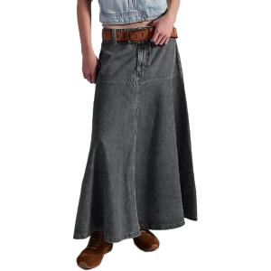 imageCHARTOU Womens Fashion Fishtail Hem Maxi Jean Skirt Patchwork A Line Flowy Long Denim SkirtsGrey