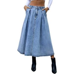 imageCHARTOU Womens Washed Jean High Waist Pleated ALine Flared Calf Length Denim Skirt with PocketsLight Blue
