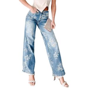 imageCHARTOU Women High Rise Wide Leg Jeans Baggy Floral Printed Jeans Retro Washed Denim Pants with PocketsBlue