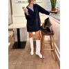 imageCHARTOU Women Fall Stripes Patchwork Midi Dress Casual Loose Lapel V Neck Long Sleeve Sweatshirt TopNavy