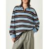 imageCHARTOU Women Polo Oversized Sweatshirt Rugby Retro Contrast Striped Sweater Fall Long Sleeve Knit TopsBrown