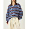 imageCHARTOU Women Polo Oversized Sweatshirt Rugby Retro Contrast Striped Sweater Fall Long Sleeve Knit TopsWine