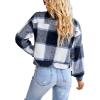 imageCHARTOU Womens Oversized Plaid Shacket Flannel Brushed Checkered Button Down Crop Top Shirt JacketDark Blue