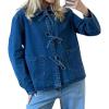 imageCHARTOU Tie Front Tops for Women Y2k Lightweight Denim Lace Up Shirt Jacket with PocketsBlue