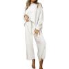 imageCHARTOU Women 2 Piece Outfit Textured Long Sleeve Blouse Shirt Top Capri Pants Set Tracksuit Lounge Set LightweightWhite