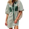 imageCHARTOU Women 2025 Summer Striped Shirt Dress Puff Sleeve Button Down Tunic Shirt DressGreen