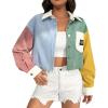 imageCHARTOU Womens Corduroy Cropped Jacket Shacket Contrast Color Lapel Long Sleeve Oversized Shirt Cute TopsMulticolor