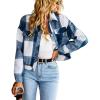 imageCHARTOU Womens Oversized Plaid Shacket Flannel Brushed Checkered Button Down Crop Top Shirt JacketBlue