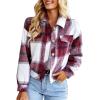 imageCHARTOU Womens Oversized Plaid Shacket Flannel Brushed Checkered Button Down Crop Top Shirt JacketBurgundy