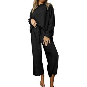 imageCHARTOU Women 2 Piece Outfit Textured Long Sleeve Blouse Shirt Top Capri Pants Set Tracksuit Lounge Set LightweightBlack