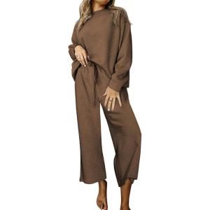 imageCHARTOU Women 2 Piece Outfit Textured Long Sleeve Blouse Shirt Top Capri Pants Set Tracksuit Lounge Set LightweightCoffee