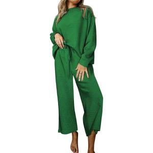 imageCHARTOU Women 2 Piece Outfit Textured Long Sleeve Blouse Shirt Top Capri Pants Set Tracksuit Lounge Set LightweightGreen