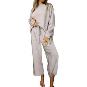 imageCHARTOU Women 2 Piece Outfit Textured Long Sleeve Blouse Shirt Top Capri Pants Set Tracksuit Lounge Set LightweightGrey