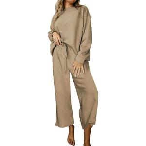 imageCHARTOU Women 2 Piece Outfit Textured Long Sleeve Blouse Shirt Top Capri Pants Set Tracksuit Lounge Set LightweightKhaki