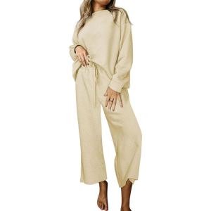 imageCHARTOU Women 2 Piece Outfit Textured Long Sleeve Blouse Shirt Top Capri Pants Set Tracksuit Lounge Set LightweightLight Yellow