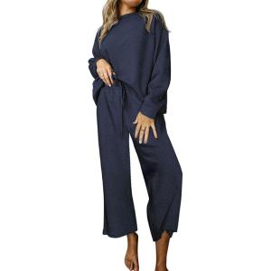 imageCHARTOU Women 2 Piece Outfit Textured Long Sleeve Blouse Shirt Top Capri Pants Set Tracksuit Lounge Set LightweightNavy