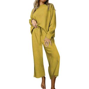 imageCHARTOU Women 2 Piece Outfit Textured Long Sleeve Blouse Shirt Top Capri Pants Set Tracksuit Lounge Set LightweightYellow