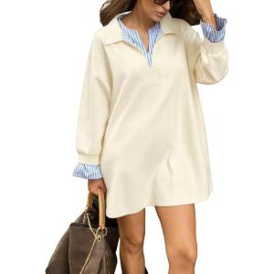 imageCHARTOU Women Fall Stripes Patchwork Midi Dress Casual Loose Lapel V Neck Long Sleeve Sweatshirt TopBeige