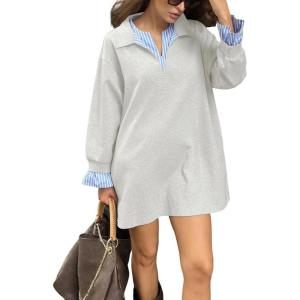 imageCHARTOU Women Fall Stripes Patchwork Midi Dress Casual Loose Lapel V Neck Long Sleeve Sweatshirt TopGrey