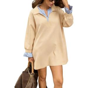imageCHARTOU Women Fall Stripes Patchwork Midi Dress Casual Loose Lapel V Neck Long Sleeve Sweatshirt TopKhaki