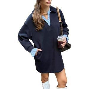 imageCHARTOU Women Fall Stripes Patchwork Midi Dress Casual Loose Lapel V Neck Long Sleeve Sweatshirt TopNavy