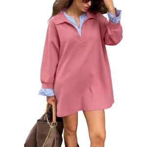imageCHARTOU Women Fall Stripes Patchwork Midi Dress Casual Loose Lapel V Neck Long Sleeve Sweatshirt TopPink