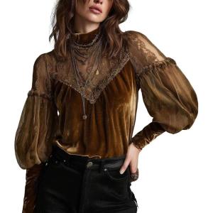imageCHARTOU Women Lace Patchwork Velvet Tops Mock Neck Puff Long Sleeve Fall Vintage Dressy BlouseBrown