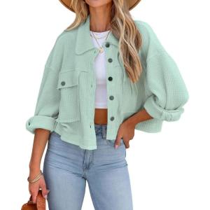 imageCHARTOU Women Oversized Cropped Waffle Knit Shacket Jacket Fall Patchwork Shacket Button Down ShirtGreen
