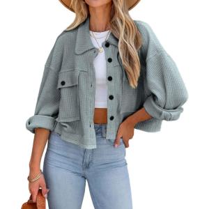 imageCHARTOU Women Oversized Cropped Waffle Knit Shacket Jacket Fall Patchwork Shacket Button Down ShirtGreyish Green