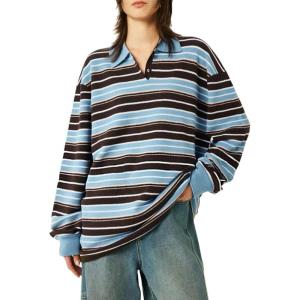 imageCHARTOU Women Polo Oversized Sweatshirt Rugby Retro Contrast Striped Sweater Fall Long Sleeve Knit TopsBrown