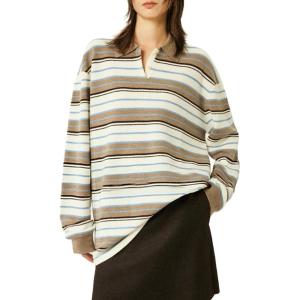 imageCHARTOU Women Polo Oversized Sweatshirt Rugby Retro Contrast Striped Sweater Fall Long Sleeve Knit TopsCamel