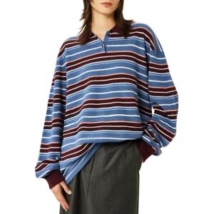imageCHARTOU Women Polo Oversized Sweatshirt Rugby Retro Contrast Striped Sweater Fall Long Sleeve Knit TopsWine