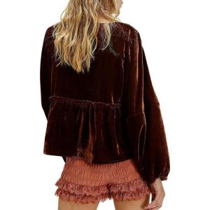 imageCHARTOU Women Velvet Shirt Tops Cute Bow Tie Front Puff Long Sleeve Blouse Ruffle Lapel Cut Out Fall OutfitsCoffee