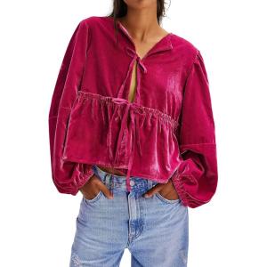 imageCHARTOU Women Velvet Shirt Tops Cute Bow Tie Front Puff Long Sleeve Blouse Ruffle Lapel Cut Out Fall OutfitsRose