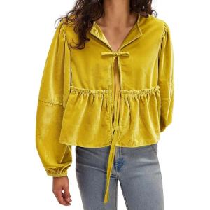 imageCHARTOU Women Velvet Shirt Tops Cute Bow Tie Front Puff Long Sleeve Blouse Ruffle Lapel Cut Out Fall OutfitsYellow