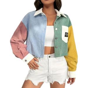 imageCHARTOU Womens Corduroy Cropped Jacket Shacket Contrast Color Lapel Long Sleeve Oversized Shirt Cute TopsMulticolor