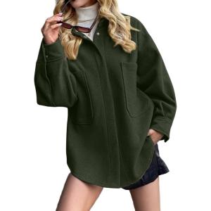 imageCHARTOU Womens Fall Thicken Shirt Jacket Wool Lapel Snap Button Mid Long Casual Work Coat with PocketsDark Green