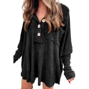 imageCHARTOU Womens Long Sleeve Peter Pan Collar Waffle Oversized HighLow Polo ShirtBlack