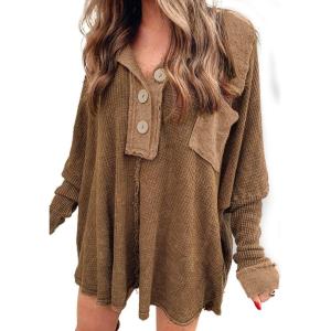 imageCHARTOU Womens Long Sleeve Peter Pan Collar Waffle Oversized HighLow Polo ShirtBrown