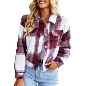 imageCHARTOU Womens Oversized Plaid Shacket Flannel Brushed Checkered Button Down Crop Top Shirt JacketBurgundy