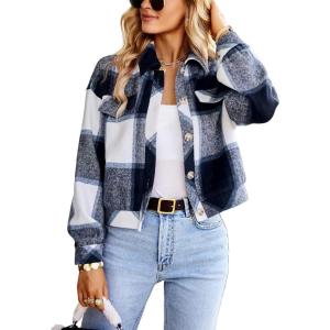 imageCHARTOU Womens Oversized Plaid Shacket Flannel Brushed Checkered Button Down Crop Top Shirt JacketDark Blue