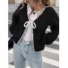 imageCHARTOU Women Cute Front Bow Tie Cardigan Contrast Trim Chunky Knit Crop Cardigan SweaterBlack