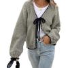 imageCHARTOU Women Cute Front Bow Tie Cardigan Contrast Trim Chunky Knit Crop Cardigan SweaterGrey