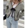imageCHARTOU Women Cute Front Bow Tie Cardigan Contrast Trim Chunky Knit Crop Cardigan SweaterGrey
