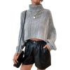 imageCHARTOU Women Long Sleeve Knitted Crop Turtleneck Sweater Cropped Knit Sweater Jumper Top PulloverGrey