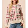 imageCHARTOU Women Plaid Stripes Knit Pullover Sweater Fall Crew Neck Long Sleeve Vacation Jumper TopsWhite