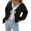 imageCHARTOU Women Cute Front Bow Tie Cardigan Contrast Trim Chunky Knit Crop Cardigan SweaterBlack