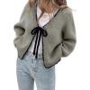 imageCHARTOU Women Cute Front Bow Tie Cardigan Contrast Trim Chunky Knit Crop Cardigan SweaterGrey